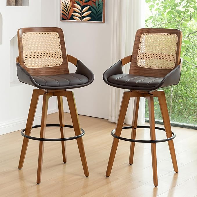 Bar Height Bar Stools Set of 2 - 29.5 inch Mid Century Modern Bar Stools with Cane Back, Curved Arms, Faux Leather Upholstered Seat, Rattan BarStools for Island/Pub/Kitchen (30" Seat Height, Brown)