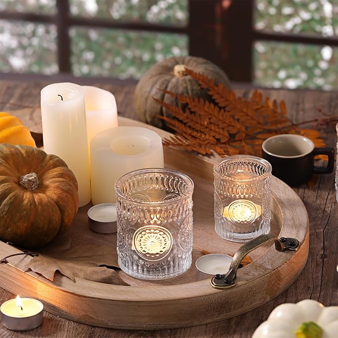 Volens 20pcs Assorted Clear Votive Candle Holders with 20pcs Tealight Candles, Large Glass Votive & Tea Light Candle Holder for Wedding Table Centerpieces, Christmas Party Decorations, Fall Home Decor