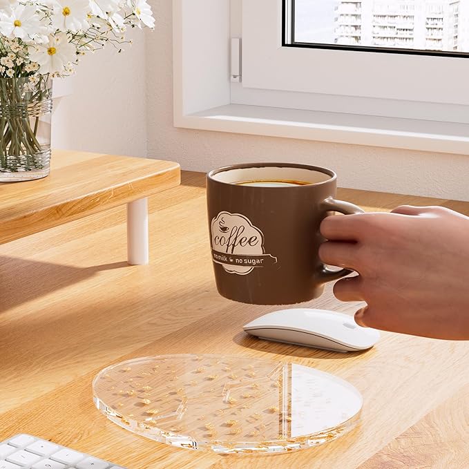 Acrylic Coaster Decorative Plates,2Pcs/Set Office Desk Accessories, Clear Dinosaur Egg Shape Coffee Cup Decor, Perfect for Tabletop Protection and Display.（Gold）