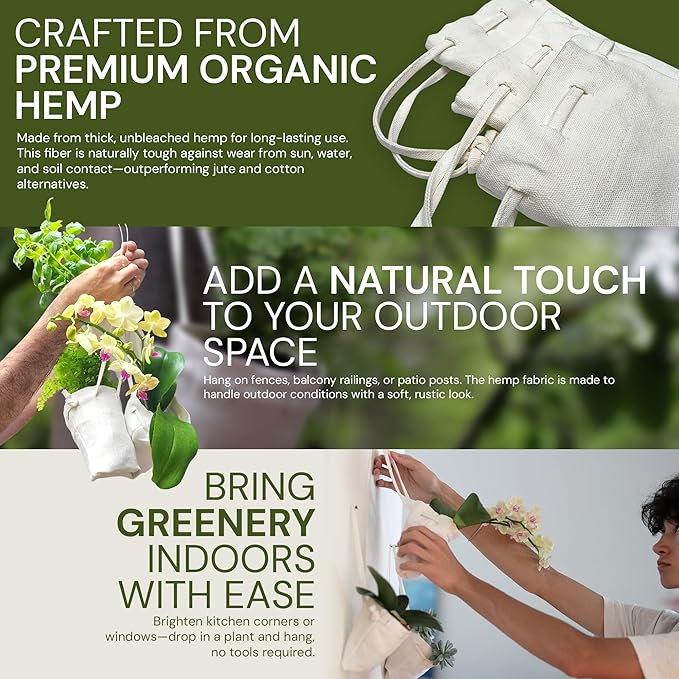 Organic Hemp Hanging Plant Bag – Reusable Natural Fiber Flower Pot Holder for Indoor & Outdoor Use – Fits 3.5 Inch Pots – Strong Drawstring – Ideal for Vertical Gardens, Orchids & Herbs 3-Pack