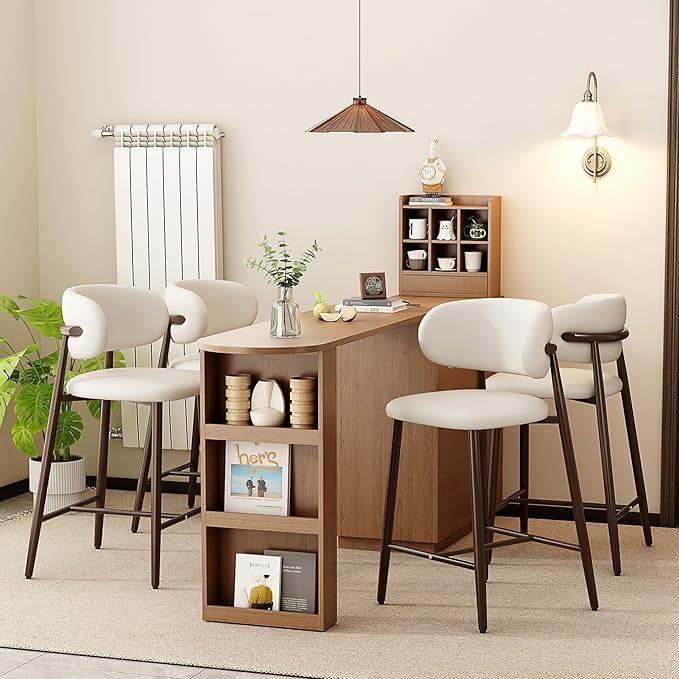 Bar Stools Set of 6 Counter Height Barstool Metal Kitchen Counter Height Bar Stool Island Chairs 26 Inch, Walnut/Cream White