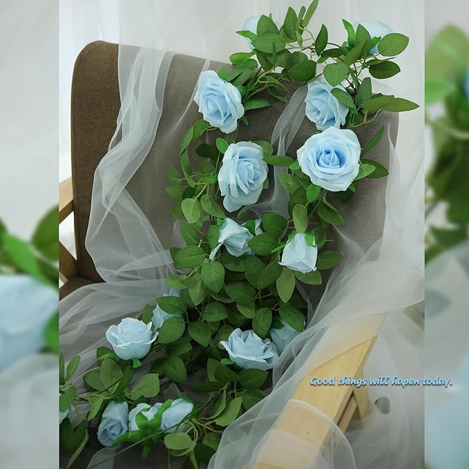 Felice Arts 2 Pack Light Blue Artificial Floral Garland Each 6.5FT Fake Rose Vine Hanging Rose Garland for Wedding Flowers Table Centerpiece Arrangement Room Baby Shower Teepee Mirror Decor