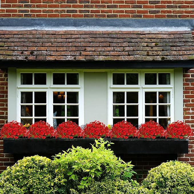 15 Bundles Artificial Flowers UV Resistant Outdoor Plants No Fade Faux Plastic Shrubs Fake Silk Flowers Window Box Garden Porch Home Decoration(Red)