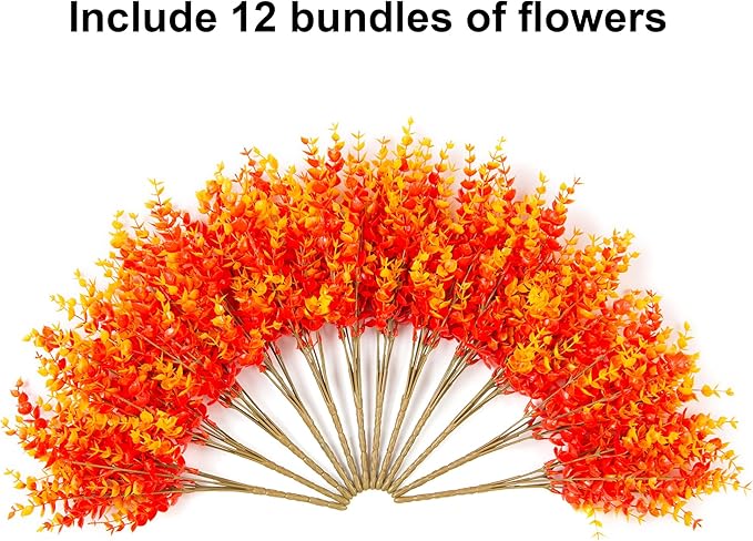 Artificial Fake Fall Autumn Eucalyptus Plants Flowers for Outdoor Outside Decoration, Faux Silk Orange Boxwood Look Real UV Resistant for Home Porch Patio Planter Decor，12 Bundles