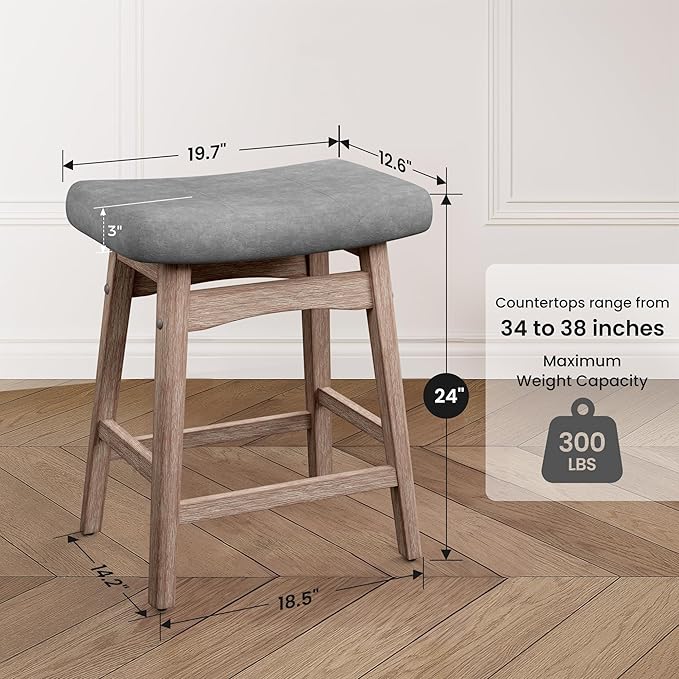 PHI VILLA Farmhouse Bar Stools Set of 3 - Wood Bartools with Upholstered Saddle Seat, 24 inch stools for Kitchen Counter Set of 3