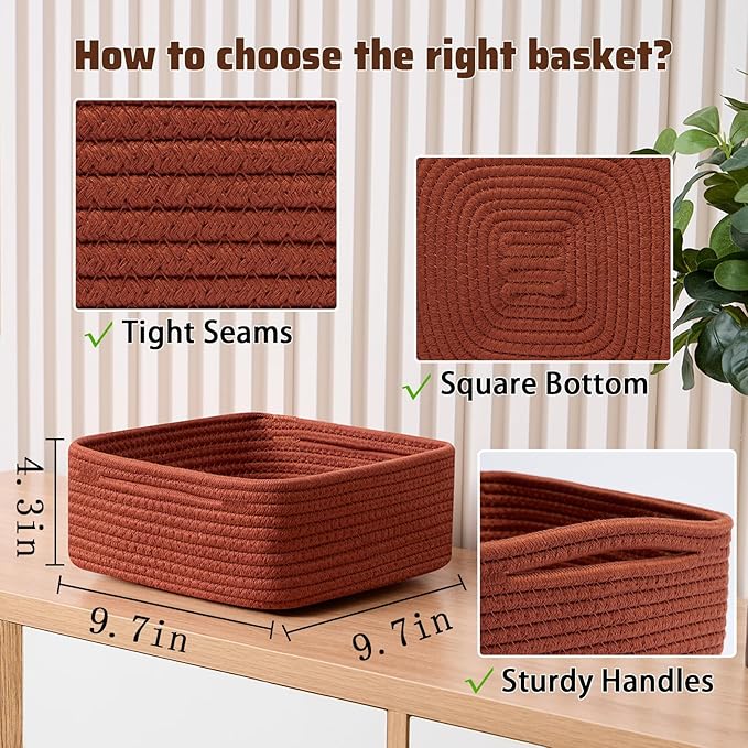 Small Square Shallow Baskets for Organizing, 9.7x9.7x4.3 Inch Rope Woven Storage Bins for Cubes Closet, Shelves Storage, Boho Decorative Basket, 2 Packs Oxide Red