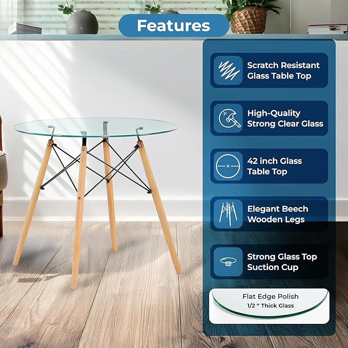 Fab Glass and Mirror Dining Table Round - Wooden Table Base with Round Glass Dining Table Top, 42Inches Flat, 1/2 Thick - Perfect for Glass Kitchen Table and Stylish Dining Spaces