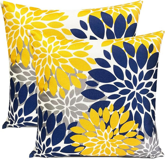Decorative Throw Pillow Covers Set of 2 Blue Yellow Pillow Covers 16x16 Inch Couch Pillow Covers for Sofa Living Room Outdoor Throw Pillow Cover Linen Floral Flower Farmhouse Pillowcase