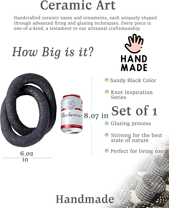 UPWOIGH Black Knot Inspired Modern Ceramic Decor, 8.07x6.02x8.07 in Large Handmade Matte Black Ceramic Sculpture for Coffee Table, Shelf, Mantel or Console, Minimalist Boho Home Decorative Art, Gift