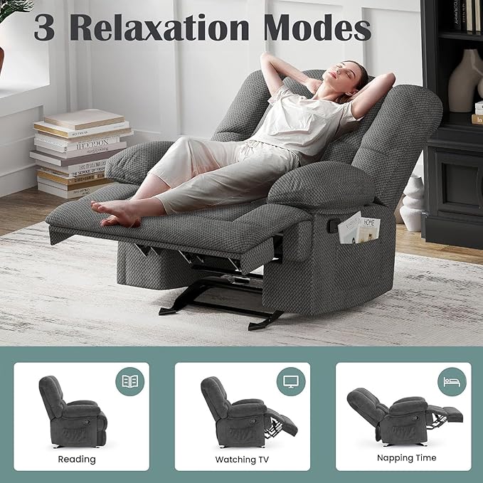 Oversized Rocker Recliner Chair, Wide Rocker Chair with Adjustable Backrest Footrest, Oversized Recliner for Adults, Reclining Sofa for Living Room, Grey