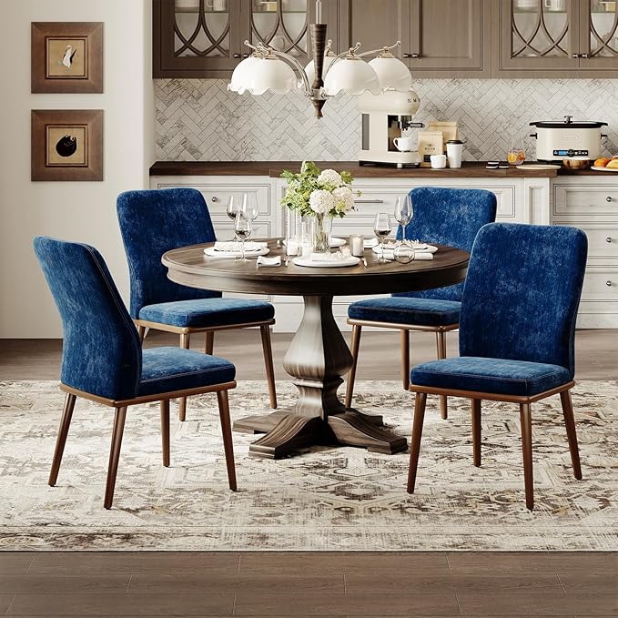 Modern Dining Chairs Set of 4, Upholstered Kitchen Chairs with High Back, Padded Fabric Dining Room Chair with Solid Wood Legs for Restaurant/Cafe/Home, Blue