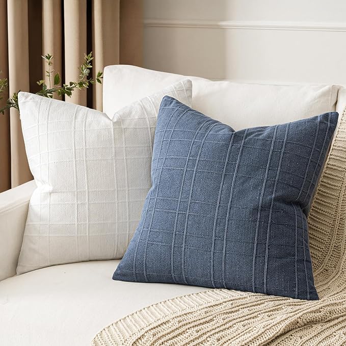 MIULEE Decorative Linen Check Euro Shams Throw Pillow Covers Neutral Farmhouse Vintage Pillow Covers 24x24 Set of 2 Boho Modern Home Decor for Sofa Couch Bedroom Cushion Blue