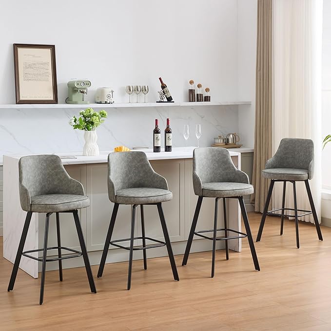 Bar Stools Set of 4, 30" Swivel Bar Height Bar stools with High Back, Faux Leather Kitchen Barstools Bar Height for Kitchen Island (Light Grey, 4PCS 30" Bar Stools)
