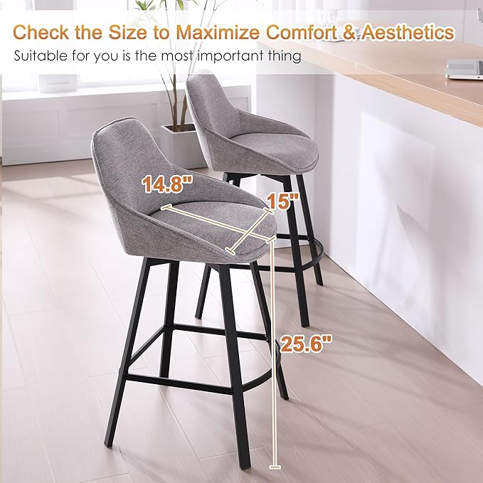Zesthouse Swivel Bar Stools Set of 4, Modern Counter Height Barstools with Backs, 26'' Upholstered Linen Fabric High Chairs for Island Kitchen, Counter Height Chairs with Metal Legs, Grey
