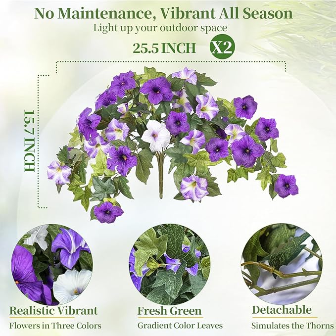 Artificial Fake Flowers Plants for Spring Summer Decoration,2 Pcs No Fade Faux Petunias,UV Resistant Realistic Silk Flowers,for Home Garden Balcony Yard Porch Deco (Purple White)