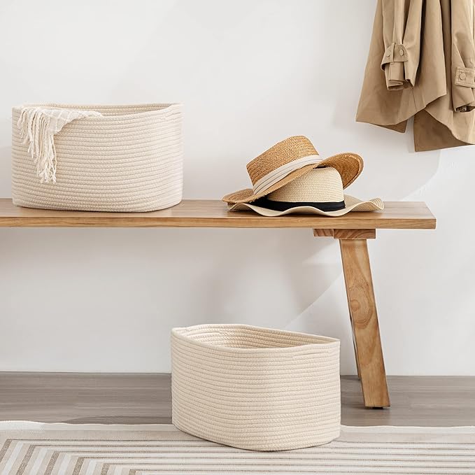 UBBCARE 3-Pack Woven Rope Shelf Baskets - 15x10x9in Decorative Storage Basket for Toys, Kids Playroom, Closet Organization & Cube Storage Organizer | Gift Basket Empty, Beige