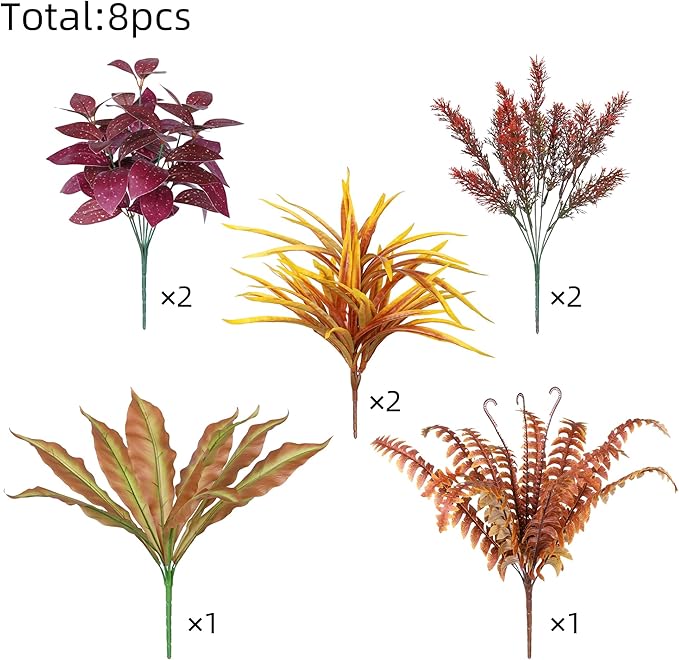 Artificial Fall Plants for Autumn Outdoor Decor Realistic Faux Greenery & Flowers Fake Plastic Leaves with Stems UV Resistant Outside Bushes for Garden Patio and Porch 8Pcs (Fall Color)