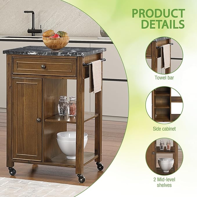 OSP Home Furnishings Fairmont Modern Farmhouse Kitchen Cart, Rolling Storage Cabinet with Drawer, Shelves, Hooks, Towel Bar, Oak Wood Finish with Faux Marble Top