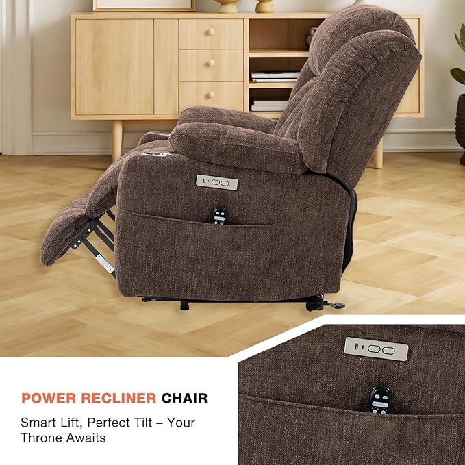 Power Lift Recliner Chair, 350lb Capacity with 8-Point Massage & Heating, USB/Type-C Ports & Cup Holders, Heavy Duty Chenille Recliner for Elderly, Brown