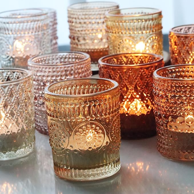 24 pcs Fall Votive Candle Holders, 6 Colors 3 Patterns Tealight Candle Holders for Wedding Table Centerpiece Birthday Party Decoration