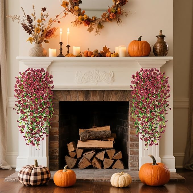 Artificial Mums for Outdoors Fake Hanging Flowers for Fall Decoration, 2 PCS Silk Daisy Flower Realistic Faux Plants UV Resistant for Porch Patio Window Yard Outside Autumn Decor(Brown)