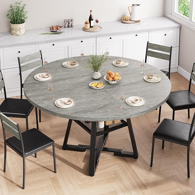 51" Round Dining Table for 6,Kitchen Dining Room Circle Dinner Pedestal Table,Space Saving Wood Kitchen & Dining Room Furniture (Grey, 51In)