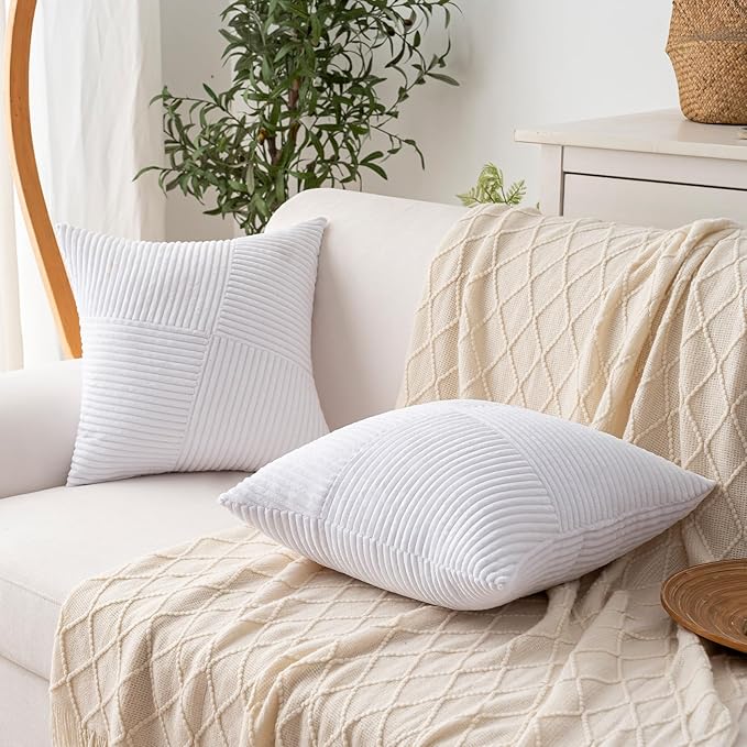 Decorative Throw Pillow Covers 18x18 Inch Set of 2 for Boho Living Room Farmhouse Home Decor, Spring Pillow Covers for Couch Bed, Soft Corduroy Striped Patchwork Cushion Cases, Pure White