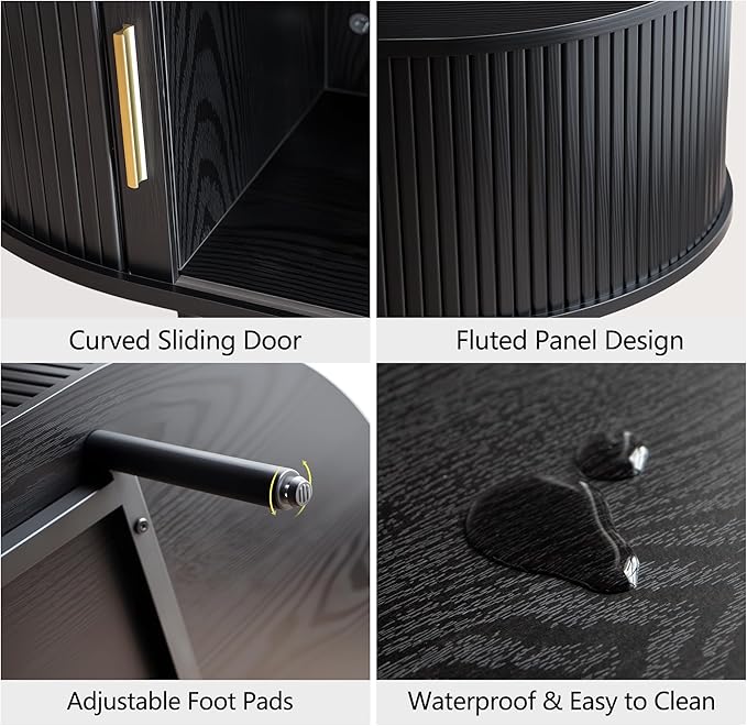 Modern Coffee Table with Storage, 47.2" Oval Fluted Coffee Table with Sliding Doors, Minimalist Tea Table with Wood Grain Veneer, Mid Century Center Tables for Living Room, Apartment, Black