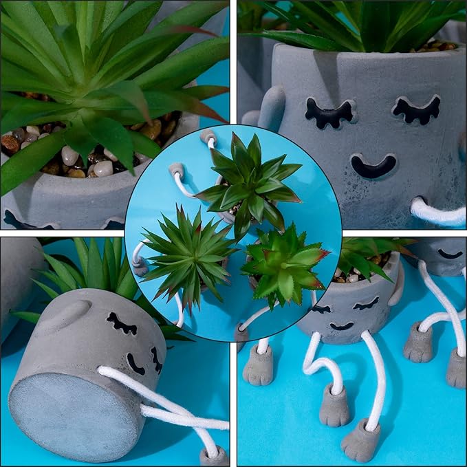 Creative Artificial Succulent Plants with Gray Pots Mini Potted Succulents Cute Fake Plants Succulents with Hanging Leg & Emotional Cement for Home Office Desk Decor and Gift Choice