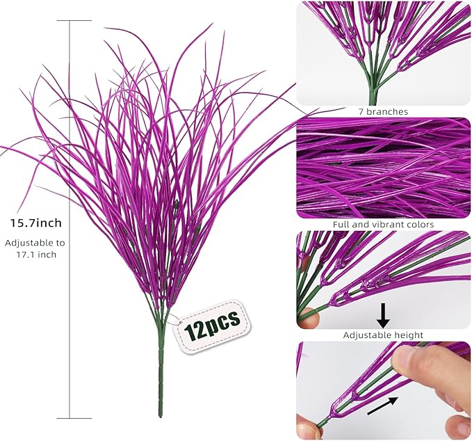 12 Bundles Artificial Fake Grass Plants Flowers Faux Plastic Wheat Grass Outdoor UV Resistant Greenery Shrubs Plant for Outdoor Planters Wedding Indoor Outside Hanging Home Garden Décor(Pure Fuchsia)