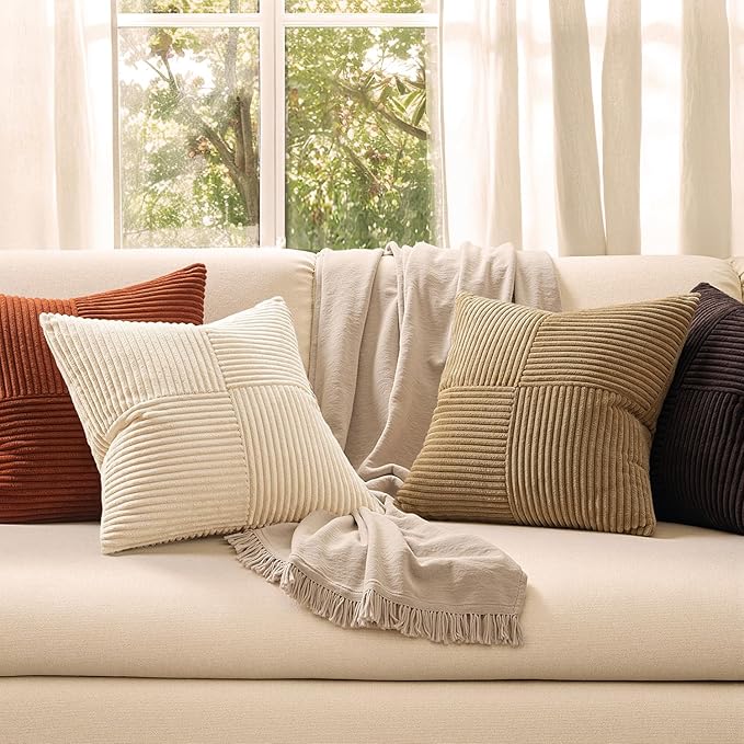 MIULEE Brown Beige Throw Pillow Covers 16x16 Inch Set of 4 Boho Farmhouse Cushion Cases for Livingroom Couch Bed Soft Corduroy Pillow Cases with Invisible Zipper Home Decor