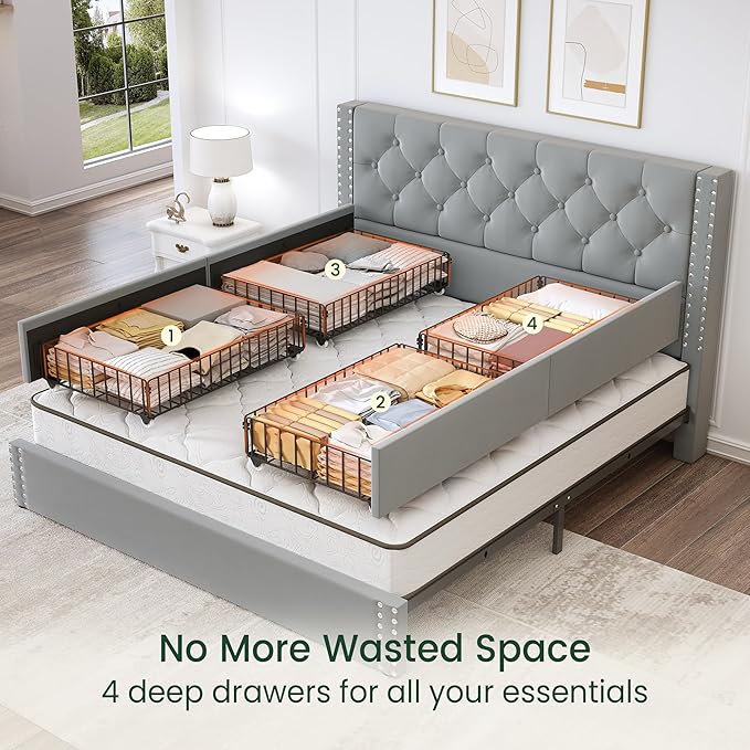 LARMACE Queen Size Bed Frame Upholstered Platform Bed with 4 Storage Drawers and Tufted Headboard Velvet Bed Frame with Heavy Duty Wood Slats, No Box Spring Needed, Easy Assembly, Bluish Grey