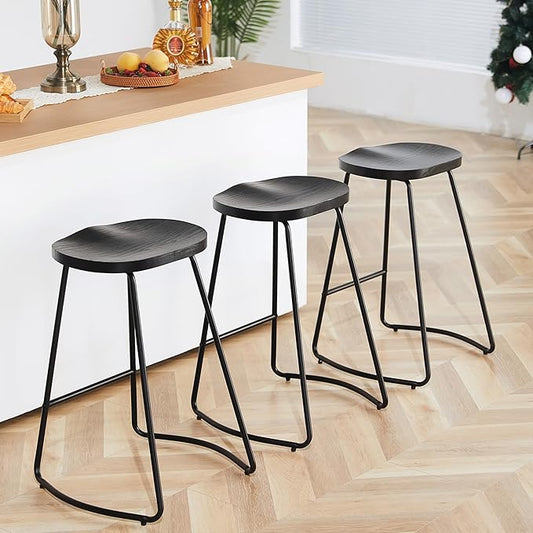HeuGah Bar Stools Set of 3, Counter Height Saddle Seat Bar Stools, 26" Backless Barstool for Kitchen Island, Black Wood Bar Stool Easy to Assemble (Black, 3 PCS 26Inch Counter Chair)