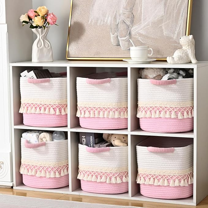 6 Pack Storage Basket for Shelves, Boho Cotton Rope Storage Bins with Heavy Tassel, Shelf Baskets Large Woven Baskets for Organizing, Cube Organizer Bins, Baby Laundry Basket for Clothes, Toys, Pets