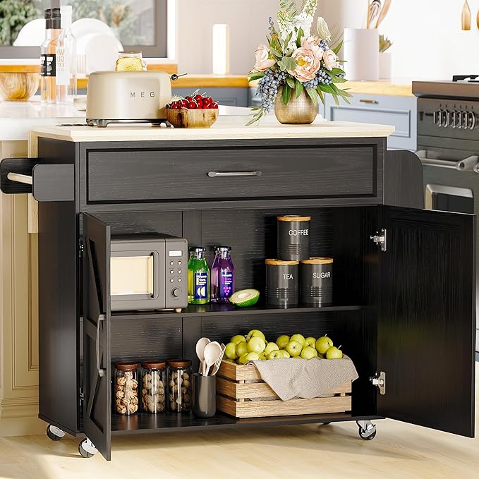 IRONCK Kitchen Island Cart with Storage, Rolling Kitchen Table with Power Outlet, Storage Cabinets on Wheels with Drop Leaf, Portable for Dining Room, Black