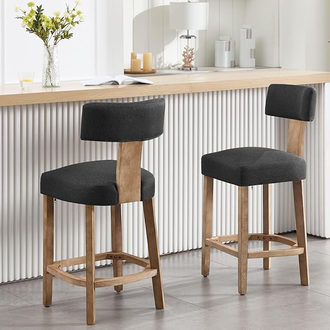 Linen Bar Stools Set of 2, Upholstered 27.7'' Counter Height Barstools with Curved Back, Farmhouse Wood Bar Chairs for Breakfast, Kitchen Island, Cafe, Gray