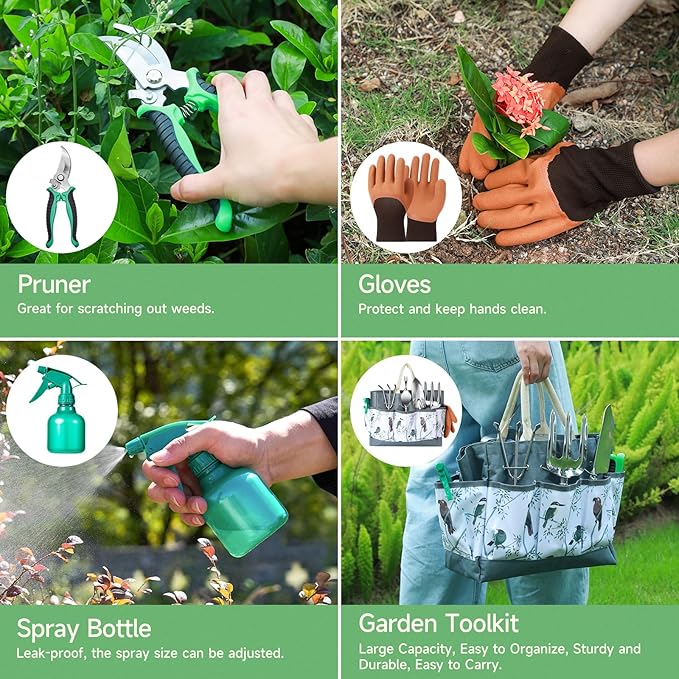 9-Piece Gardening Tools Set - Complete Gardening Kit with Heavy-Duty Stainless Hand Tools, Durable Storage Bag with Garden Accessories, Ideal Gardening Gifts for Women, Men, Gardeners