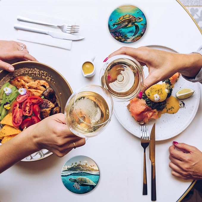 Table Coaster for Drinks Set of 6, Sea Turtles Round Ceramic Coasters,with Cork Base and Metal Holder,Great Housewarming Birthday Gifts,Home Decor