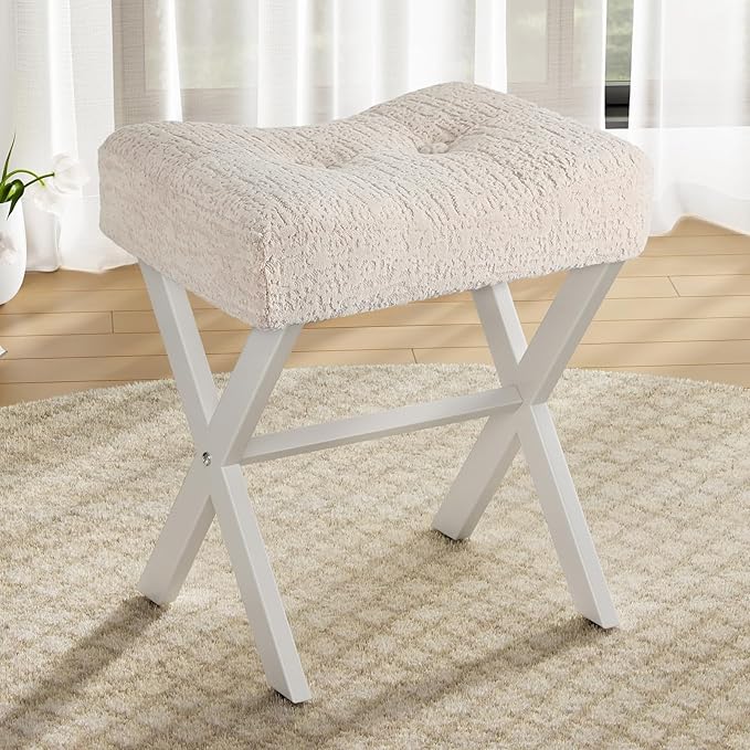 18-Inch Vanity Stool Chair, Vanity Bench with Metal X-Legs, Ottoman Accent Stool with Breathable and Soft Boucle Fabric Saddle Seat, Beige