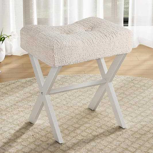 18-Inch Vanity Stool Chair, Vanity Bench with Metal X-Legs, Ottoman Accent Stool with Breathable and Soft Boucle Fabric Saddle Seat, Beige