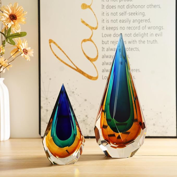 YAOYUAN Handmade Murano Glass Art Decor Sculpture - Unique Hand-Cut Cube Paperweight for Home Décor