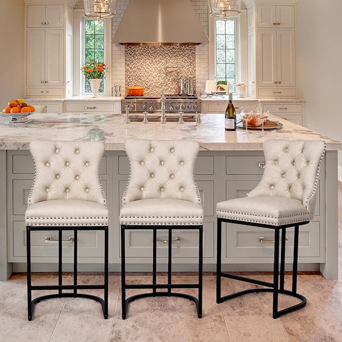 UVV Counter Height Bar Stools Set of 1, 26" Modern Barstools with Back, Faux Leather Upholstery Counter Chairs with Metal Legs for Kitchen Island, Bar, Counter, Beige