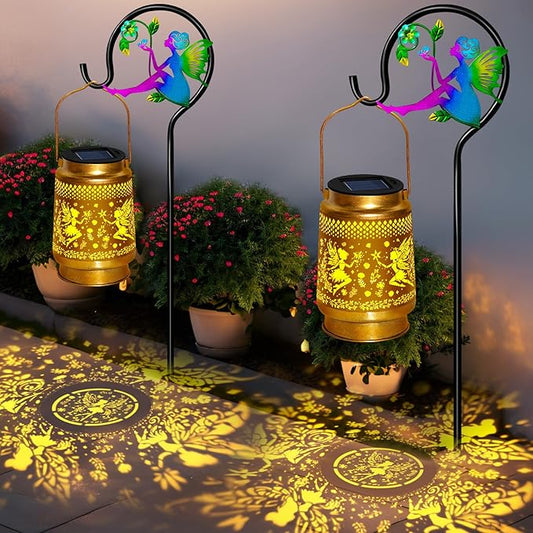 2 Packs Fairy Solar Lanterns Outdoor Waterproof with Shepherd Hook,Hanging Solar Lights Fairy Garden Decor,Christmas Decorations Gifts for Women Grandma,Metal Decorative Lanterns for Yard,Patio,Porch