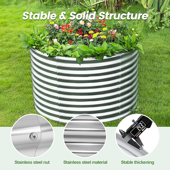Land Guard 4×4×3ft Galvanized Raised Garden Bed Kit, Round Galvanized Planter Raised Garden Boxes Outdoor, Large Metal Raised Garden Beds for Vegetables, Silver