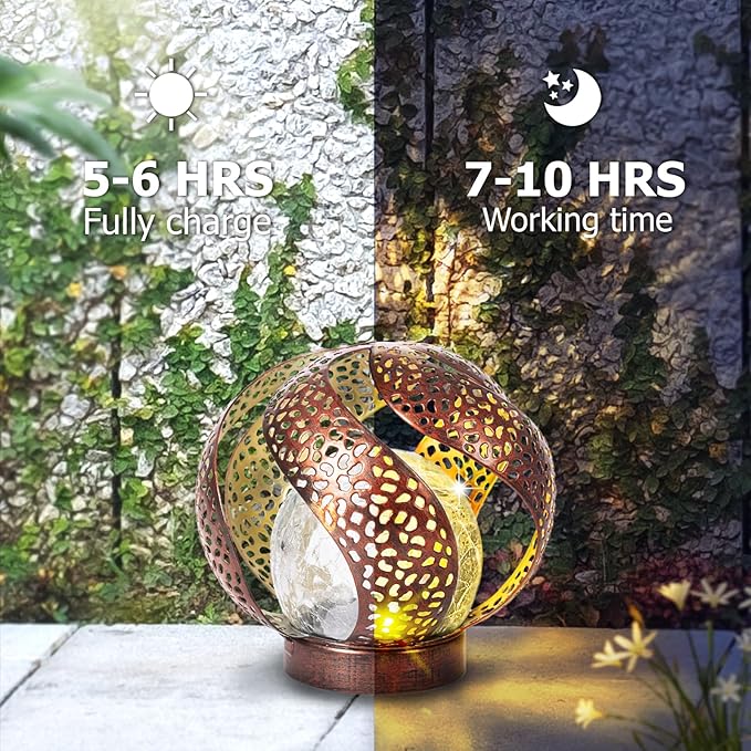 Solar Lights Outdoor - Ramadan Decor for Outside Garden, Hollow Light With Glass Globe, Lantern Gardening Gifts for Women, Mom, Pathway, Balcony, Tabletop Decoration