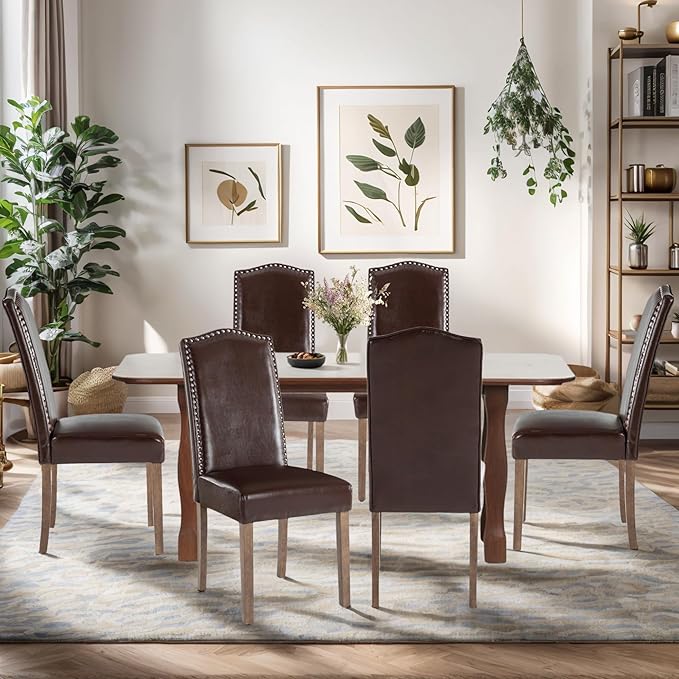 Stylish Upholstered Parsons Dining Chair PU Faux Leather with Silver Nailhead Trim and Sturdy Solid Wood Legs