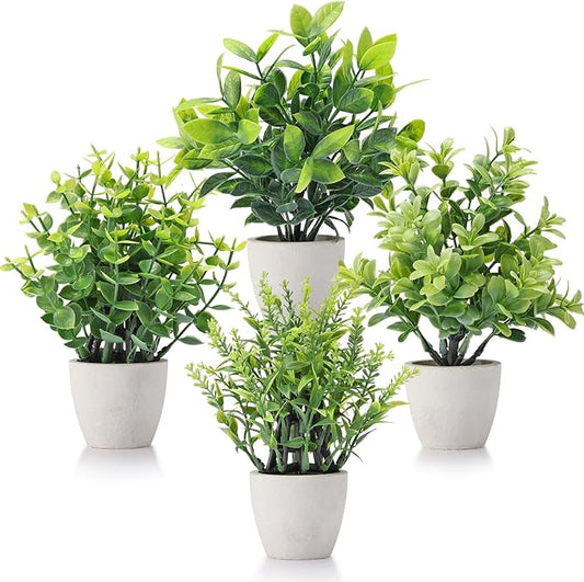 4 Pack Fake Plants Ceramic Mini Artificial Greenery Potted Plants for Home Decor Office Decor Room Decor Farmhouse Decor Indoor Table Bathroom Decor
