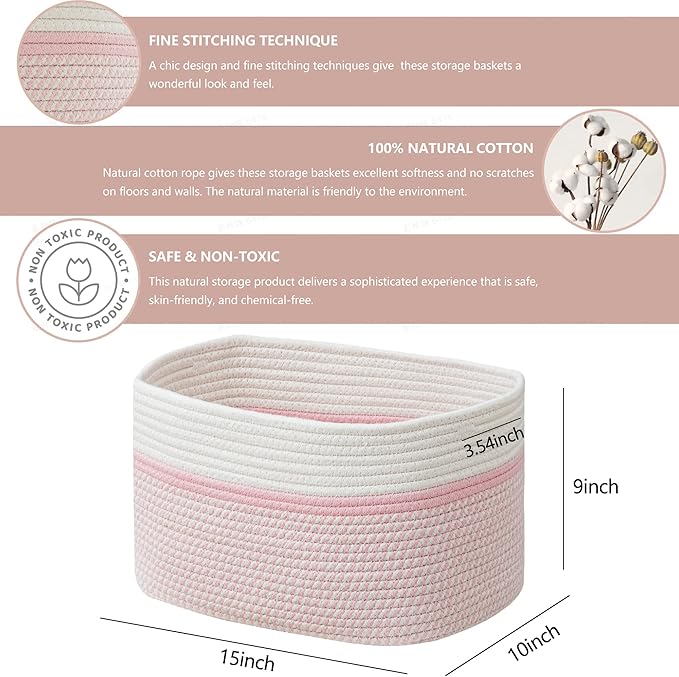 UBBCARE 3-Pack Woven Rope Shelf Baskets - 15x10x9in Decorative Storage Basket for Toys, Kids Playroom, Closet Organization & Cube Storage Organizer | Gift Basket Empty, Off White/Mixed Pink