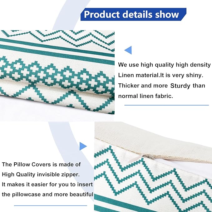 Decorative Throw Pillow Covers Set of 2 Teal Blue Boho Pillow Covers 16x16 Inch Throw Pillow Cover Linen Pillowcase Modern Farmhouse Outdoor Pillow Covers for Couch Sofa Bed Living Room