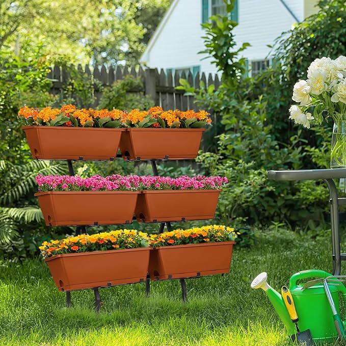 HEOMU 3 Tier Vertical Garden Planter with 6 Boxes, Vertical Raised Garden Bed with Adjustable Feet Pads, Raised Planter for Herb Flower Vegetable Plants in Patio Balcony Deck Indoor Outdoor, Brick Red